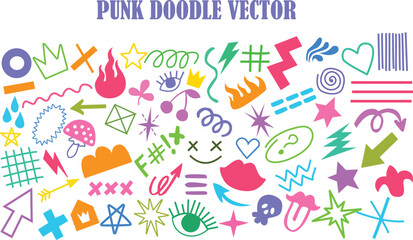 Colorful punk doodle vector set featuring hand-drawn icons, symbols, grunge elements, lightning bolts, stars, eyes, arrows, and abstract shapes. Trendy, fun, edgy design for stickers, prints, digital 