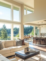 Bright Living Room Interior with Open Floor Plan and Large Windows Overlooking Lake and Forest, Modern Design, Daytime