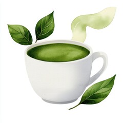 A steaming cup of vibrant green matcha tea sits on a white background, surrounded by fresh green leaves. The illustration style is watercolor, creating a soft, textured look. 