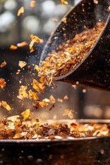 Pouring Golden Flakes from Scoop Close Up Action Shot with Warm Lighting and Shallow Depth of Field for Food Preparation
