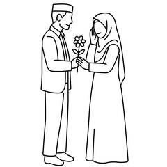 Islamic Wedding Couple Flower Moment – Art Line Illustration