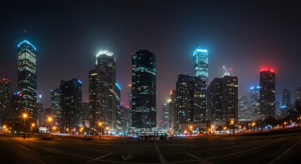 Naklejka premium Cityscape at night, illuminated skyscrapers