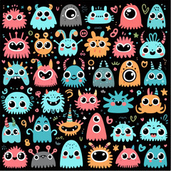 set doodle characters with a black background