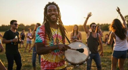 Diverse group enjoying music in a field