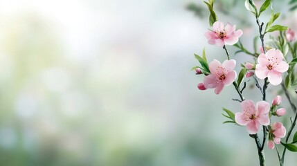 Obraz premium Delicate watercolor florals with pink blossoms and fresh green foliage on a dreamy spring background