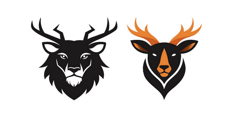 deer and lion head logo icon design of black silhouette vector illustration on white background 