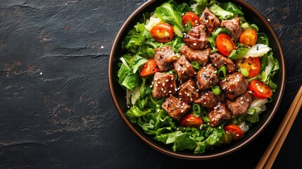 Delicious, seasoned beef salad bowl with vegetables.