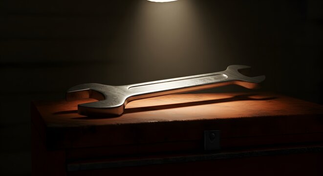 Wrench Resting on a Tool Box Under Spotlight