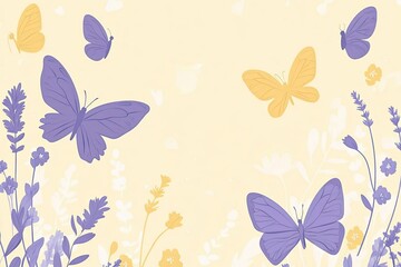 Fototapeta premium Flat vector background with butterflies and flowers soft lavender and yellow palette cheerful and light.