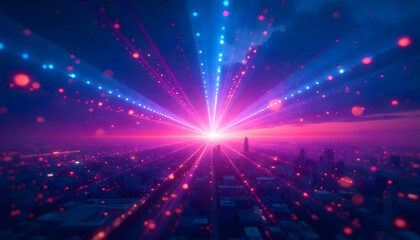 Naklejka premium Futuristic Cityscape with Vibrant Laser Beams Streaming Light and Energy over Urban Skyline
