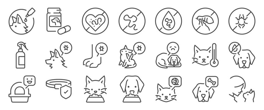 Pet product icon set. It includes care, vet, veterinary, health, disease and more icons. Editable Vector Stroke.