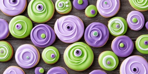 Whimsical Sweets: A delightful arrangement of creatively decorated, circular sweets showcases an array of playful designs and vibrant colors, a visual treat.