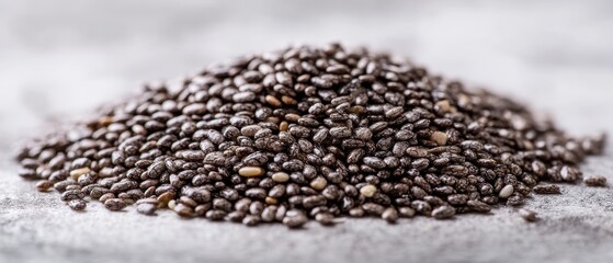 Fototapeta premium Close-up of Chia Seeds Piled High on Textured Gray Surface for Healthy Eating Lifestyle Concept Studio Shot Macro View