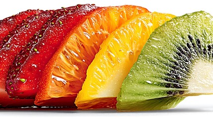 Colorful fruit slices arranged in a vibrant rainbow pattern