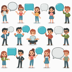 set of men and women with speech bubbles above them