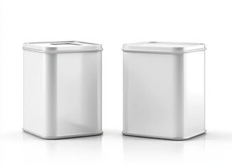 Two blank, square, metal tins, side-by-side, on white background