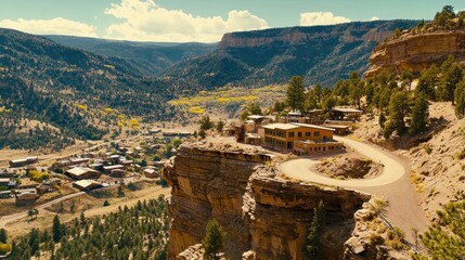 Mountainous landscape with a winding road and a town nestled in a valley.