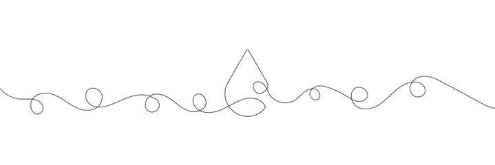 Continuous line water drop art droplet icon rain outline sketch doodle drawing. One line linear blood sea water drop drawn tear eco donation abstract medical simple logo isolated. Vector Illustration.