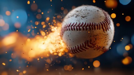 Naklejka premium Flying baseball with fire trails, dynamic flaming background for extreme sports energy