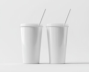 Two blank white paper cups with straws