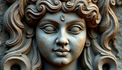 Close-up of a weathered stone carving featuring a facial design , texture, aged, material