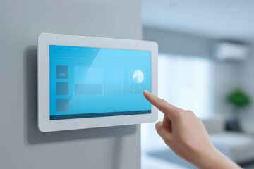 A person uses a touchscreen smart home control panel mounted on a wall to adjust the indoor temperature.