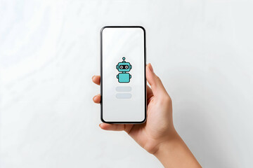 A hand holds a smartphone displaying a chatbot or robot icon on a white screen, suggesting artificial intelligence or virtual assistant technology.
