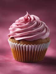 Close up of a delicious cupcake with pink frosting on a pink background studio shot food photography