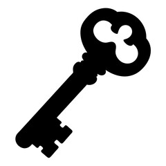 Black silhouette of an antique ornate key on a white background