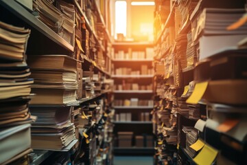 Archive storage room shelves filled with stacked documents and files low angle view indoors