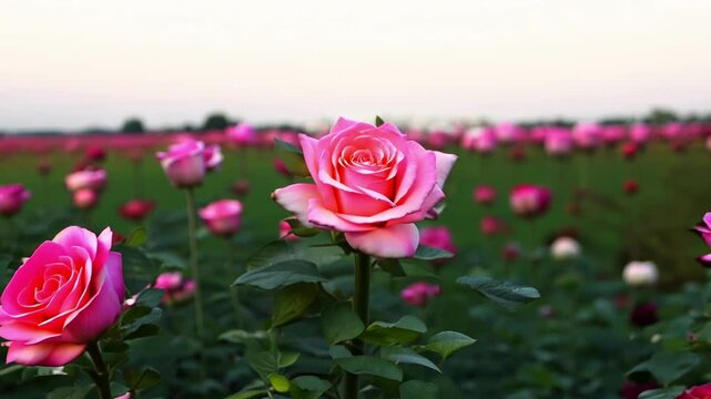 Beautiful pink rose in full bloom stands prominently against blurred background of rose garden Camera gradually zooms out revealing more surrounding pink roses while maintaining focus on delicate peta