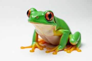 Naklejka premium Green tree frog, perched on white, vibrant skin, illustration, digital art