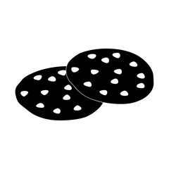 A black and white illustration of two overlapping chocolate chip cookies