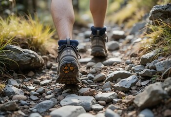 Obraz premium Hiking Boots Walking on Rocky Trail in Nature