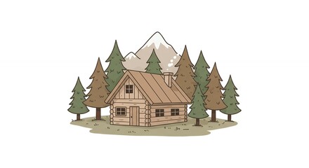 Wooden cabin in forest landscape illustration