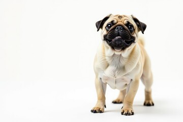 Obraz premium Playful pug standing, isolated on white backdrop, pet portrait, pug, pet photo