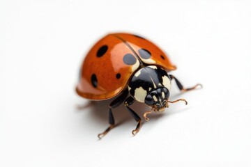 Single ladybug perfectly centered against stark white, wildlife, macro, dots