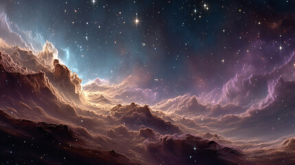 Cosmic nebula scene with sparkling stars outer space digital art celestial environment wide view