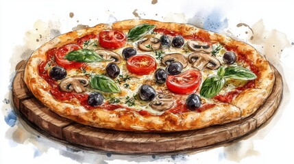 Hand-drawn illustration of a delicious pizza on a wooden board.