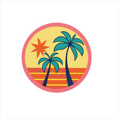 Obraz premium Illustration of palm trees and sun in a circle with a pink border