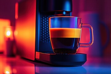 Vibrant coffee brewing scene with a sleek machine and illuminated cup in a cozy setting