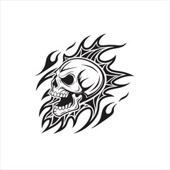 Fototapeta premium A stylized skull with flames design in black and white on a white background