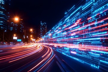 Obraz premium A futuristic cityscape with streaking car lights and a digital overlay of blue and red lines