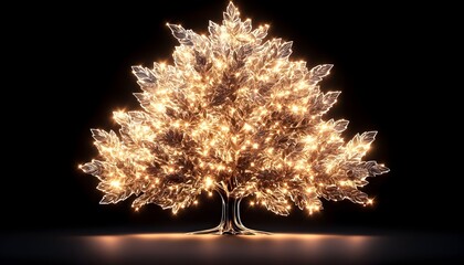 A glowing, metallic tree with light emanating from its branches against a dark backdrop