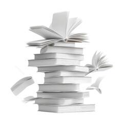 Towering Stack of Books with Pages Flying