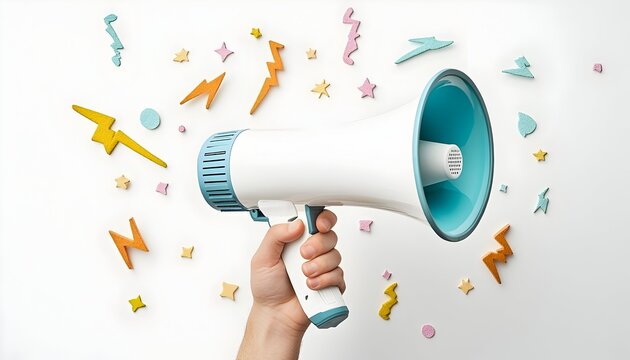 A hand holds a blue and white megaphone with a white background. Colorful shapes surround the megaphone