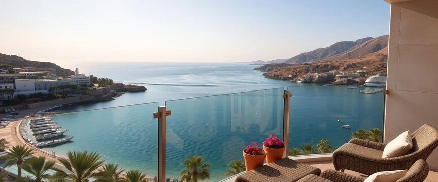 Mediterranean Sea view from modern Al Hoceima hotel balcony, water, ocean