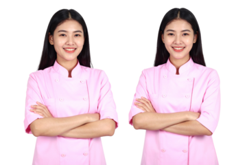   Set of Portrait of a beautiful, smiling Asian young girl in a pink chef's uniform, standing with her arms crossed, isolated on a transparent background
