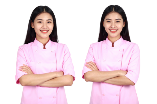   Set of Portrait of a beautiful, smiling Asian young girl in a pink chef's uniform, standing with her arms crossed, isolated on a transparent background