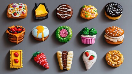 Assorted food magnets.  Colorful, detailed food representations
